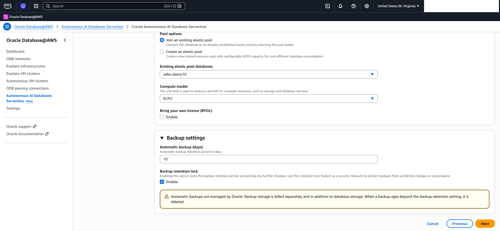 This screenshot shows how to create an Autonomous AI Database Serverless.
