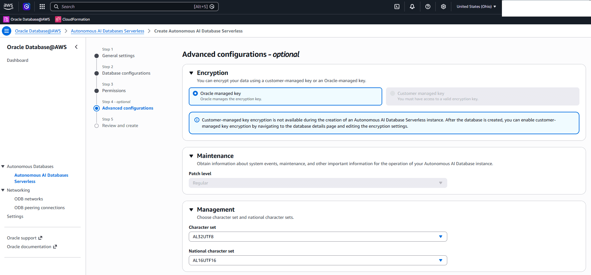 This screenshot shows how to create an Autonomous AI Database Serverless.
