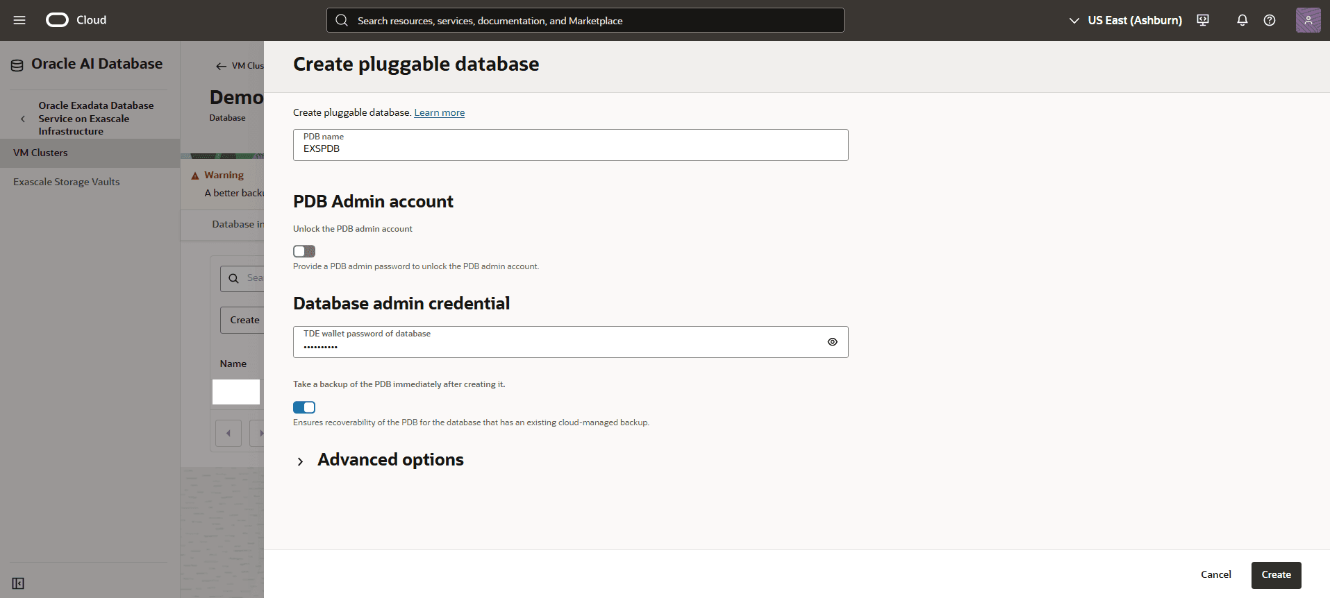 Create pluggable database form in the Oracle Cloud Console.