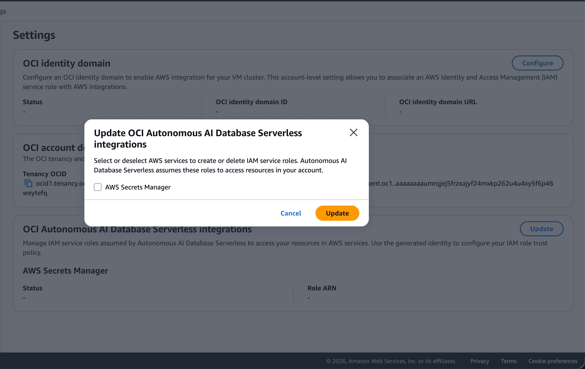 This screenshot shows how to create an OCI-owned service role.