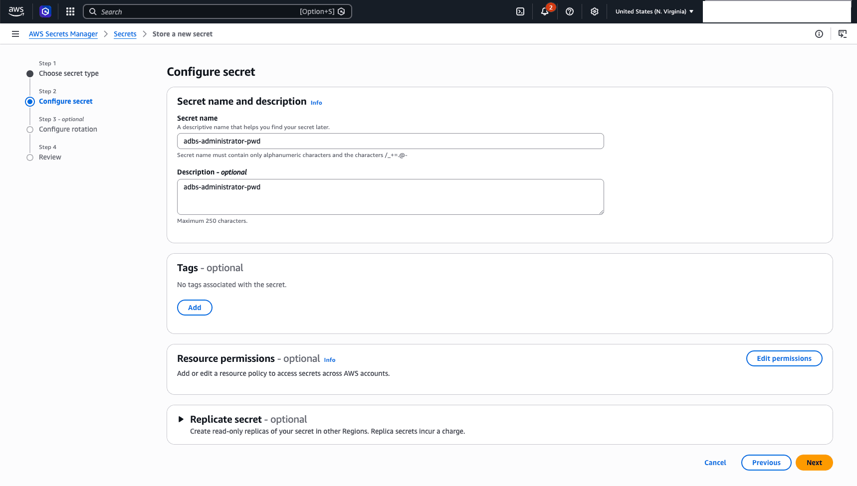 This screenshot shows how to create an AWS Secrets Manager Secret.