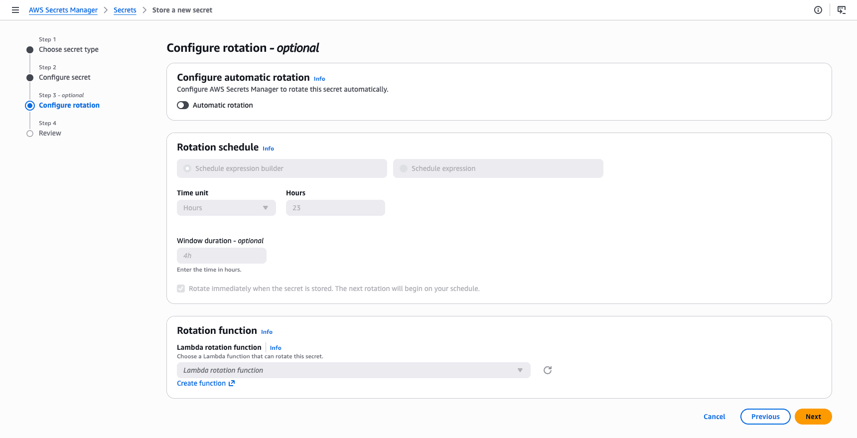 This screenshot shows how to create an AWS Secrets Manager Secret.