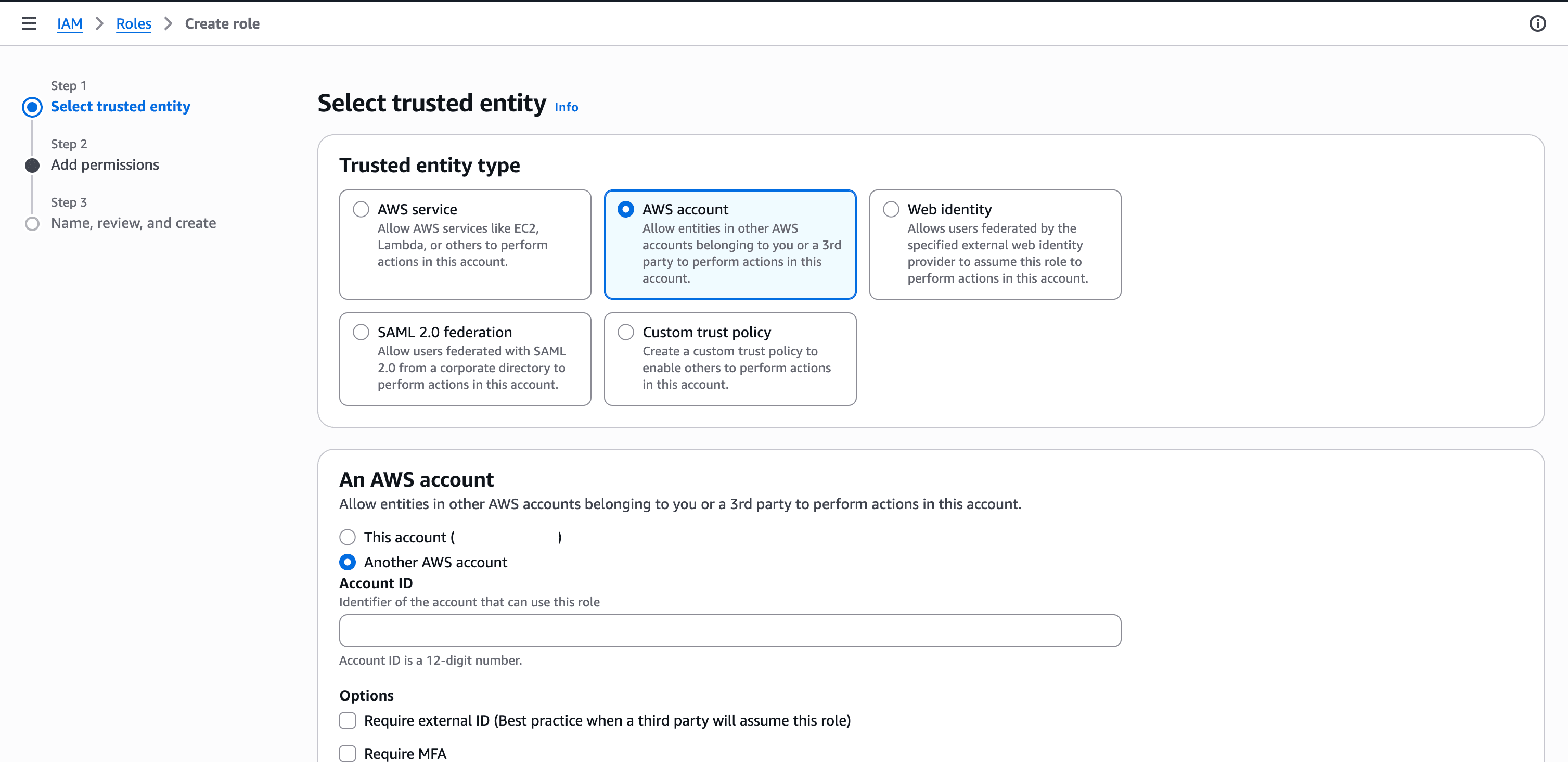 This screenshot shows how to create an IAM role.