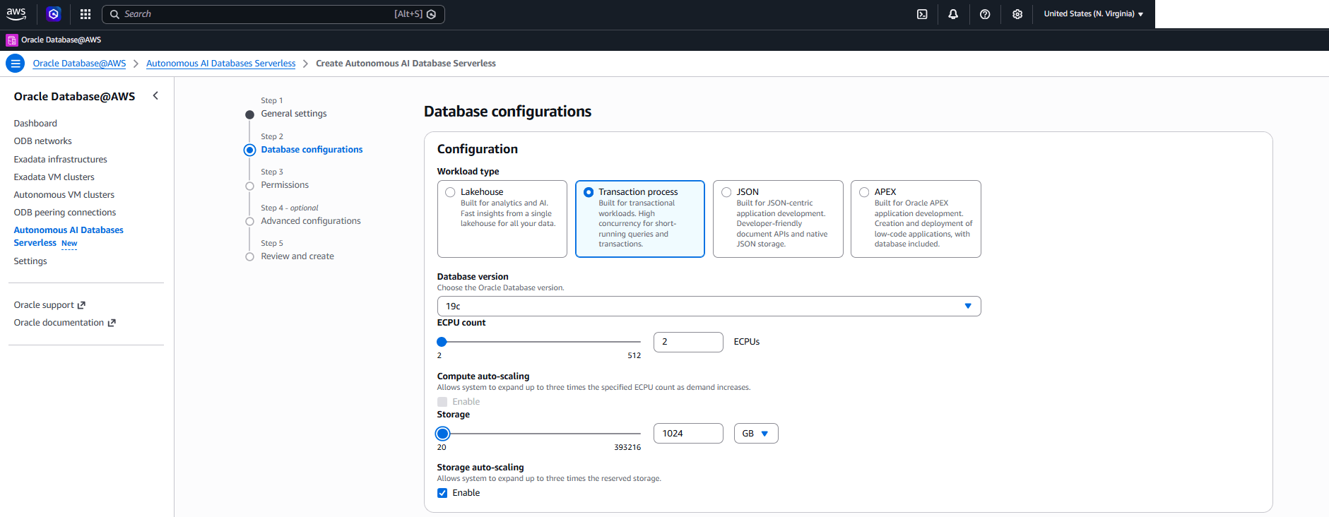 This screenshot shows how to create an Autonomous AI Database Serverless.