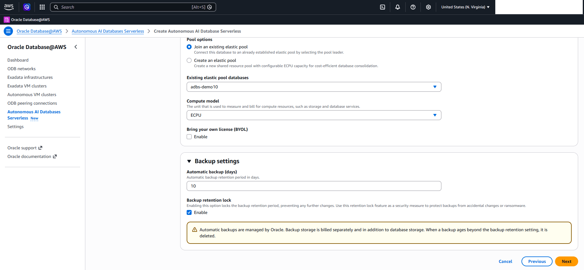 This screenshot shows how to create an Autonomous AI Database Serverless.
