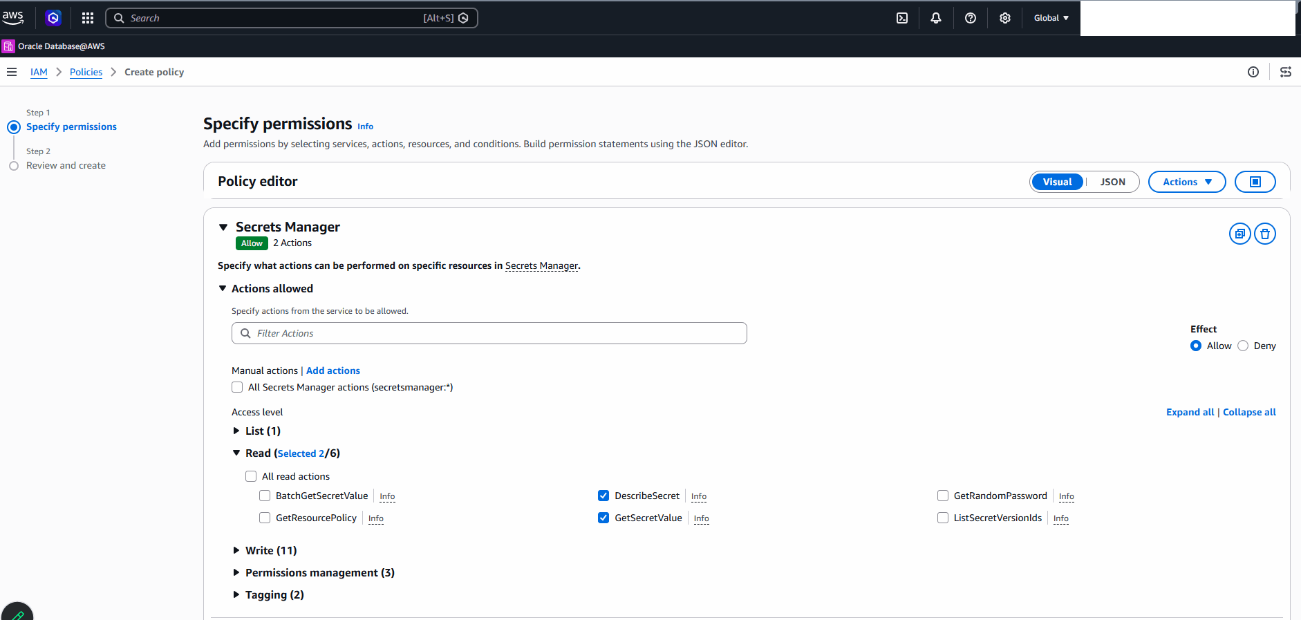 This screenshot shows how to create an IAM Policy.