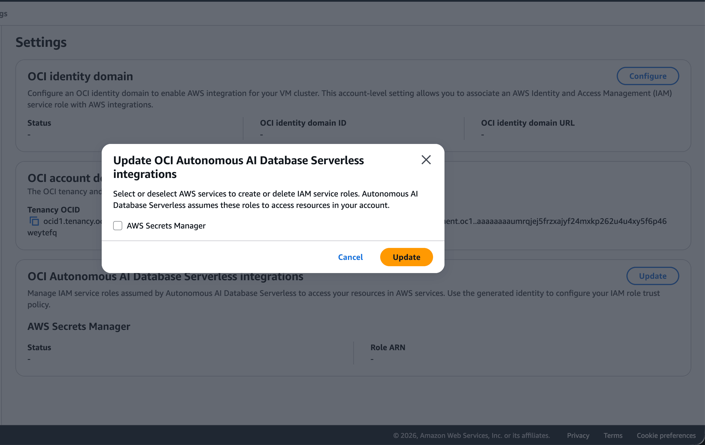 This screenshot shows how to create OCI owned service role.