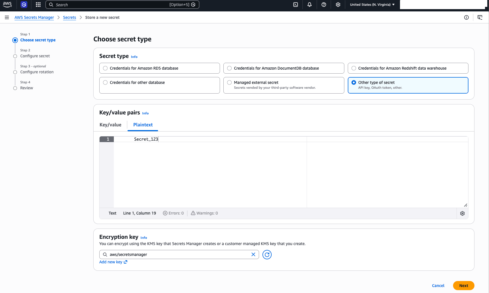 This screenshot shows how to create an AWS Secrets Manager Secret.