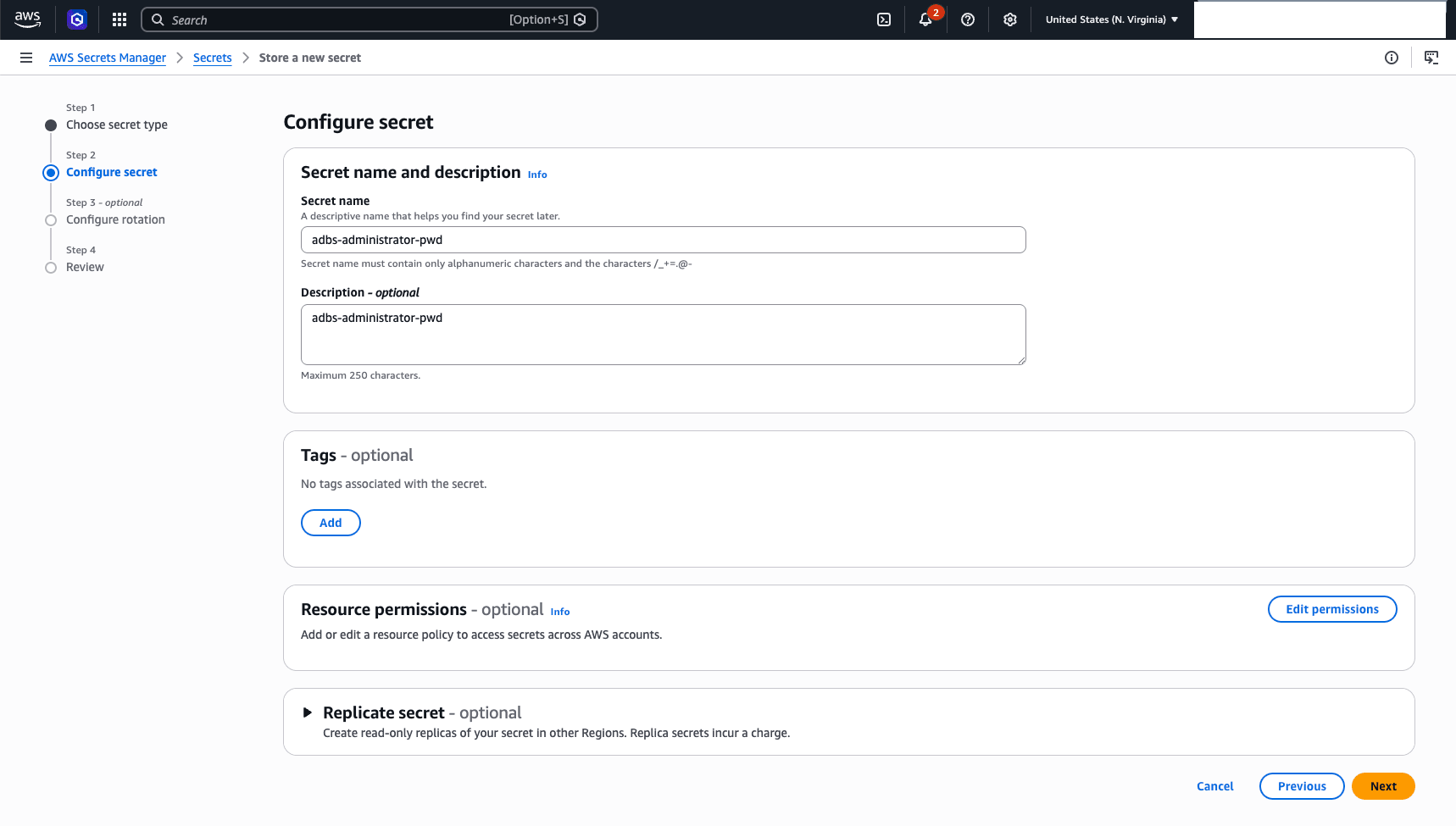 This screenshot shows how to create an AWS Secrets Manager Secret.