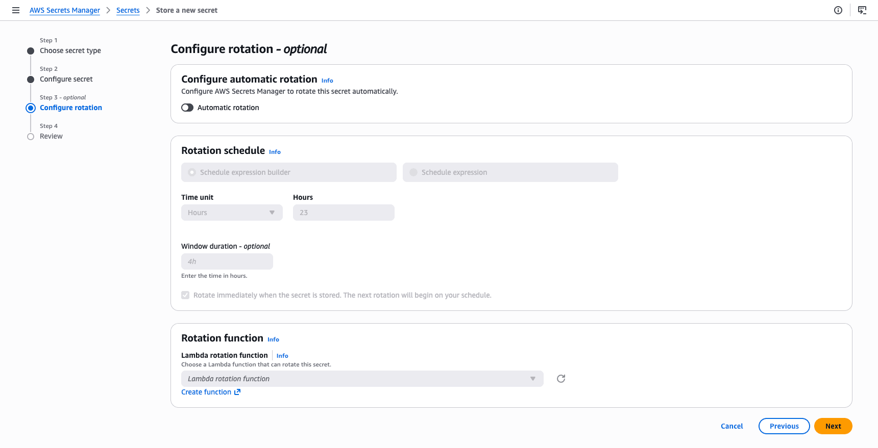 This screenshot shows how to create an AWS Secrets Manager Secret.