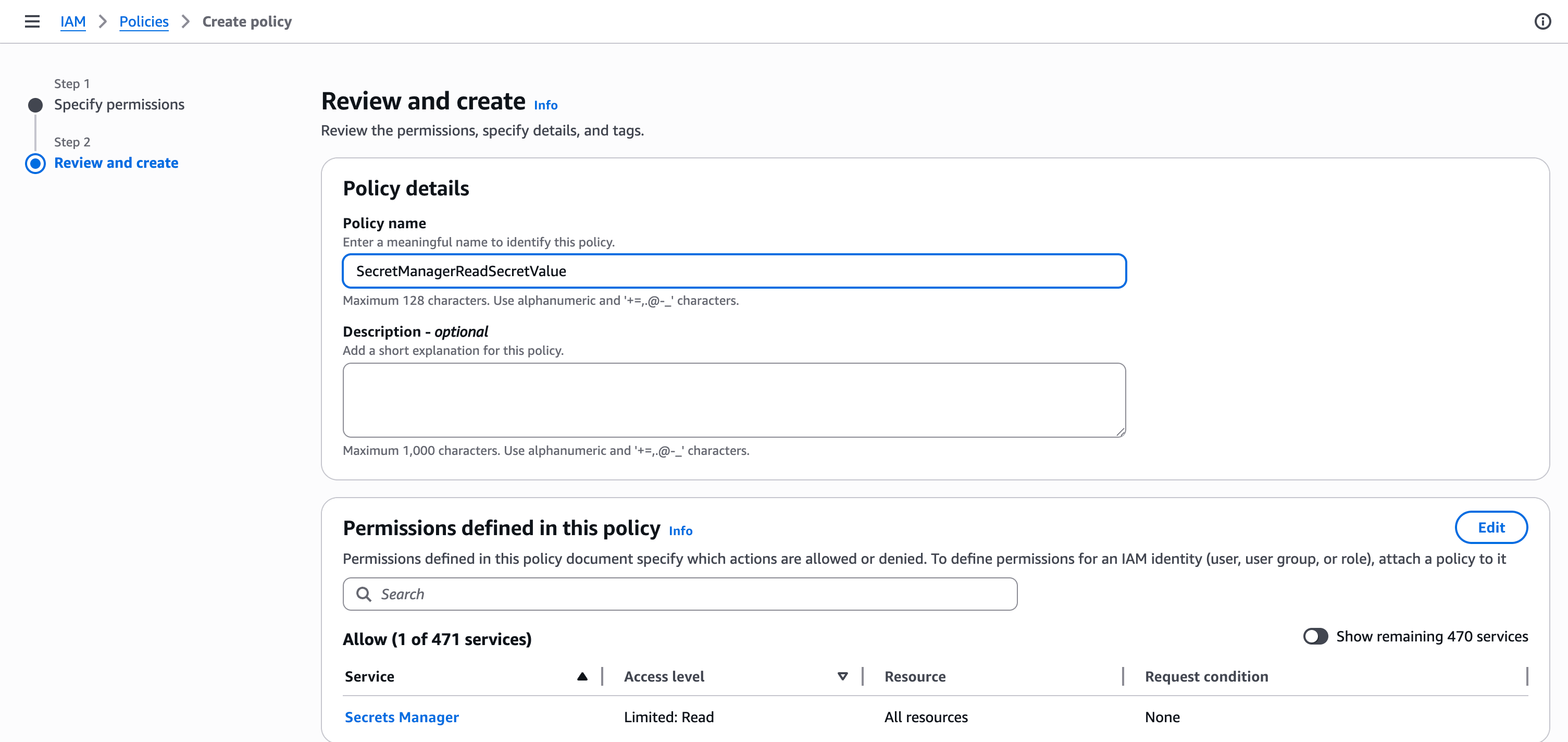 This screenshot shows how to create an IAM Policy.