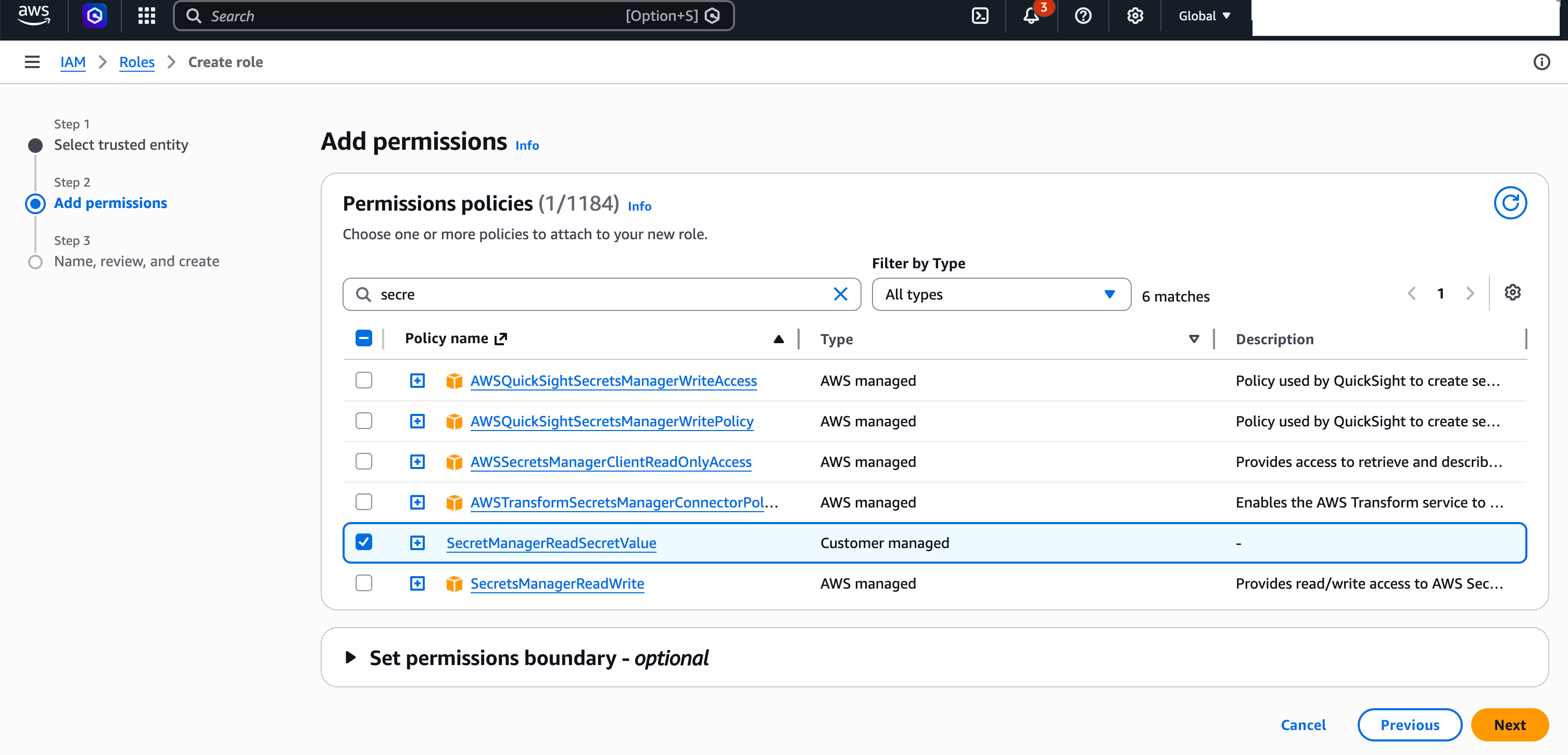 This screenshot shows how to create an IAM Role.