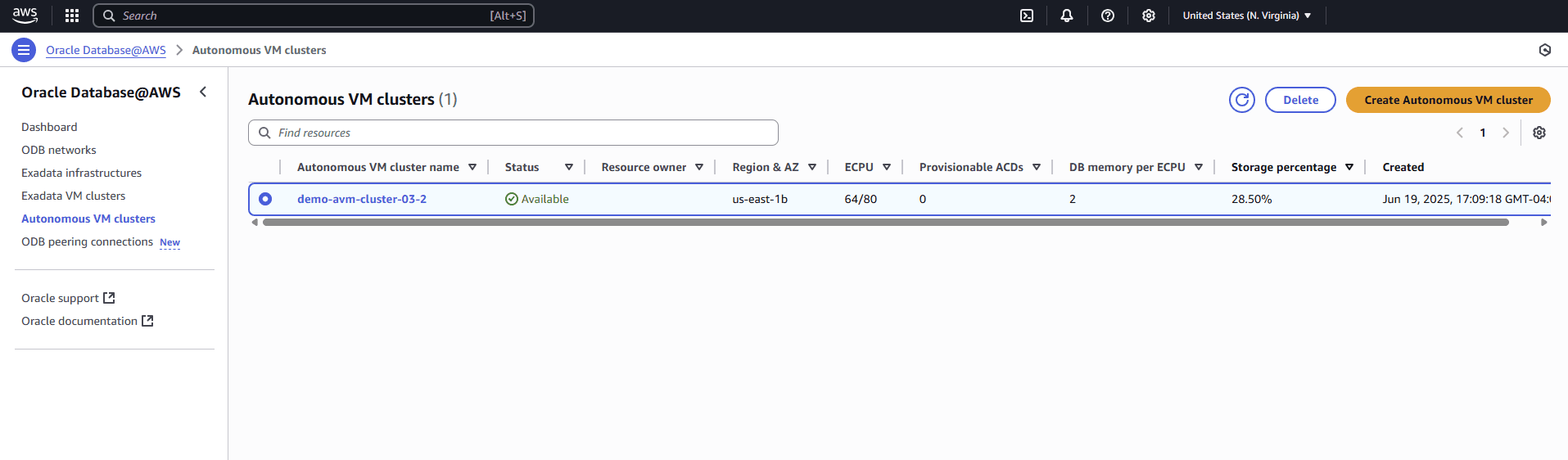 A screenshot of the start of the deletion process for an Autonomous VM Cluster.