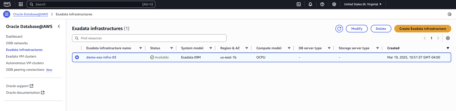 A screenshot of the start of the deletion process for an Exadata Infrastructure.