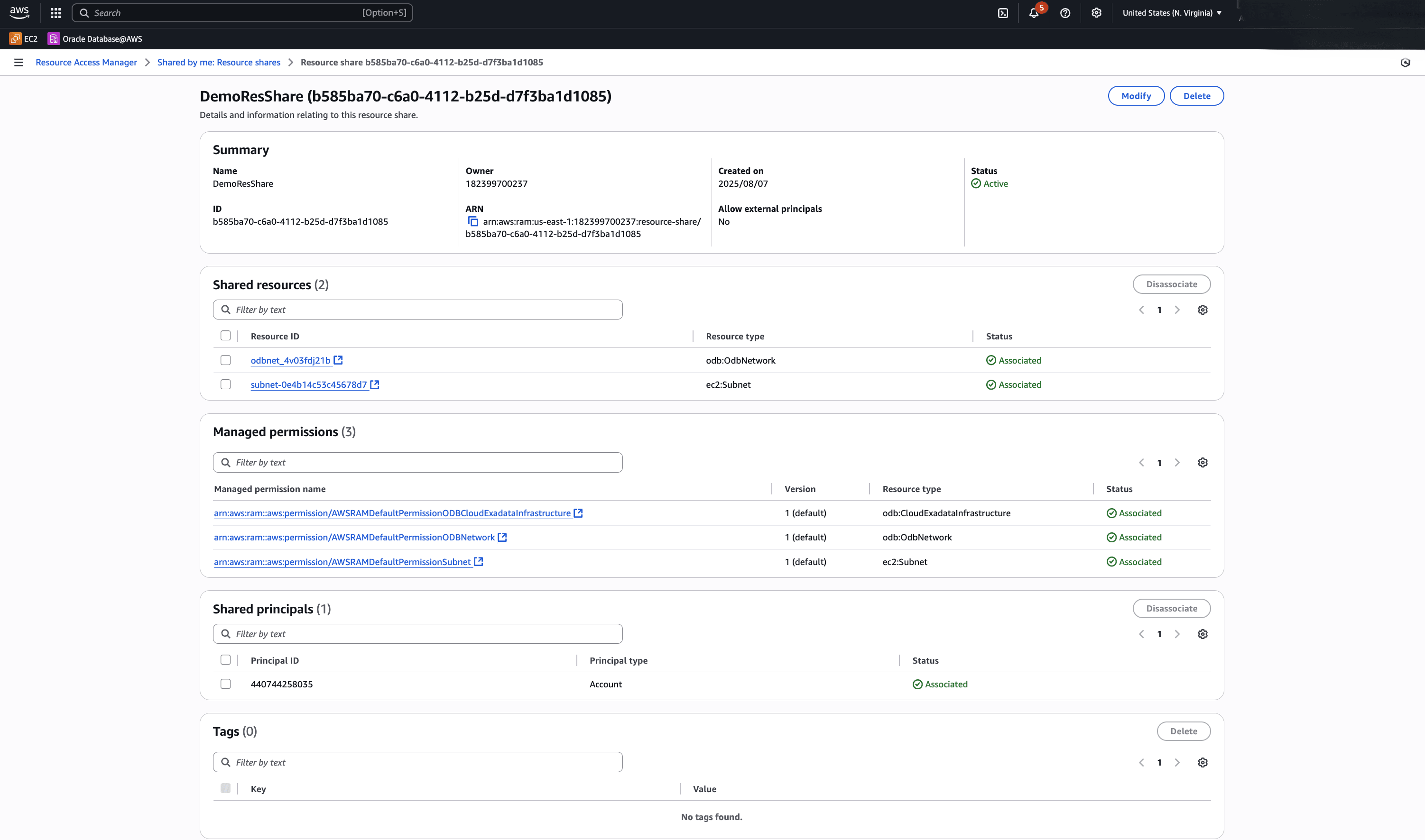 This screenshot shows how to delete a resource sharing.