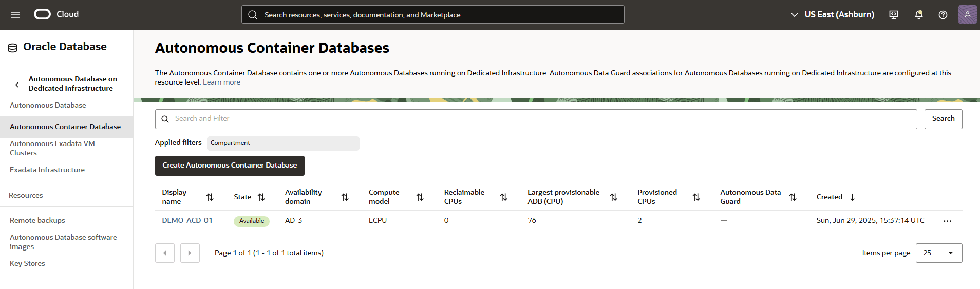 A screenshot of the start of the deletion process for an Autonomous Container Database (ACD).