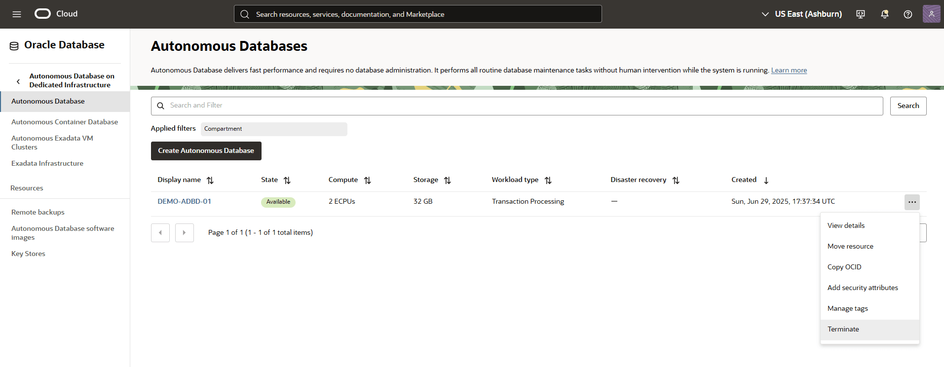 A screenshot of selecting terminate for the deletion of an Autonomous Database (ADB).
