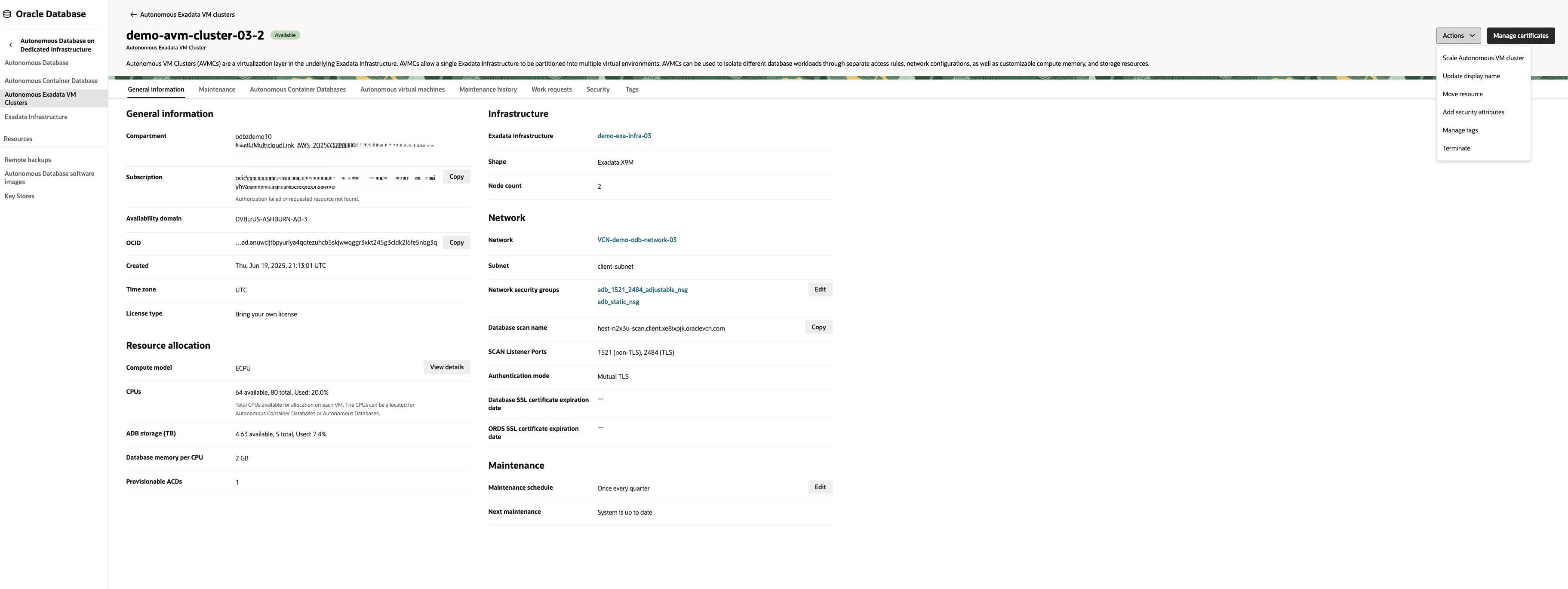 This screenshot shows the steps for scaling an Autonomous VM Cluster.