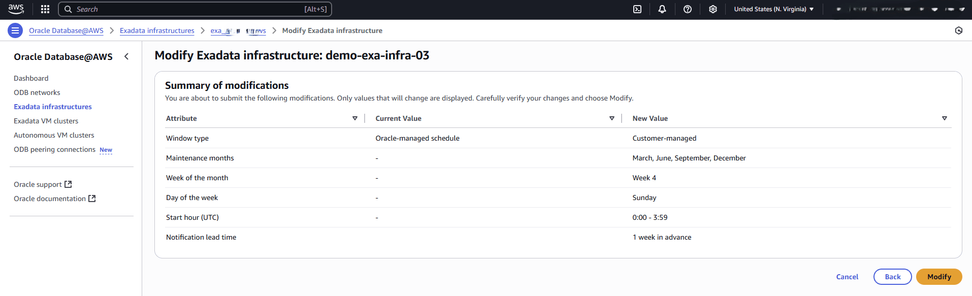 This screenshot shows the last part of modifying an Exadata Infrastructure.