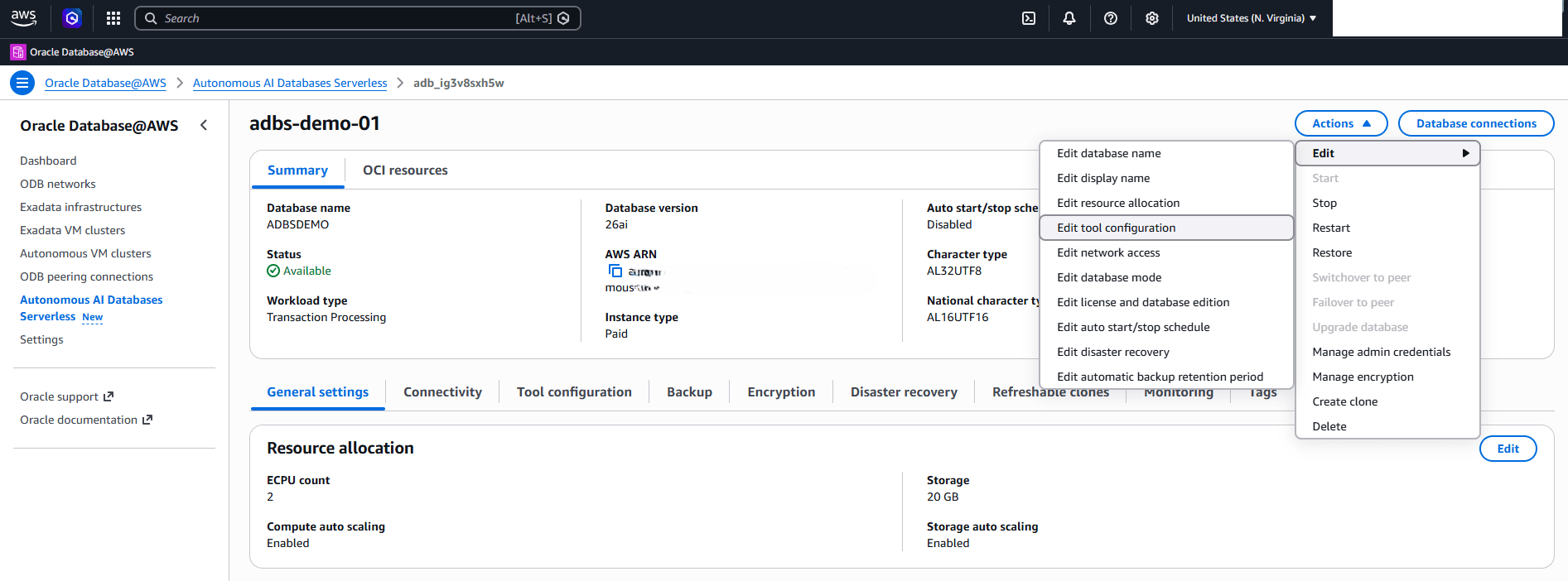 This screenshot shows how to modify an Autonomous AI Database Serverless.