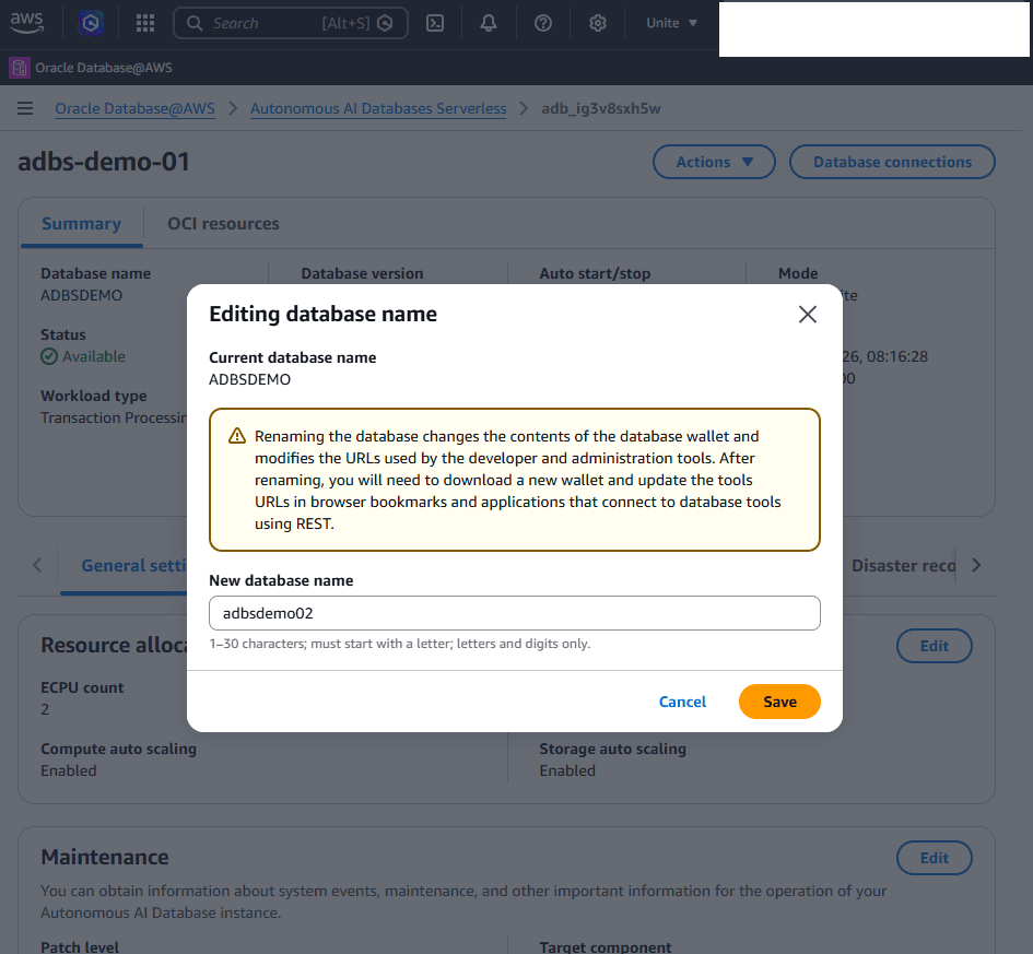 This screenshot shows how to modify an Autonomous AI Database Serverless.