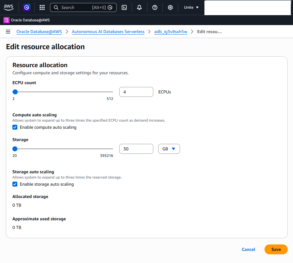 This screenshot shows how to modify an Autonomous AI Database Serverless.