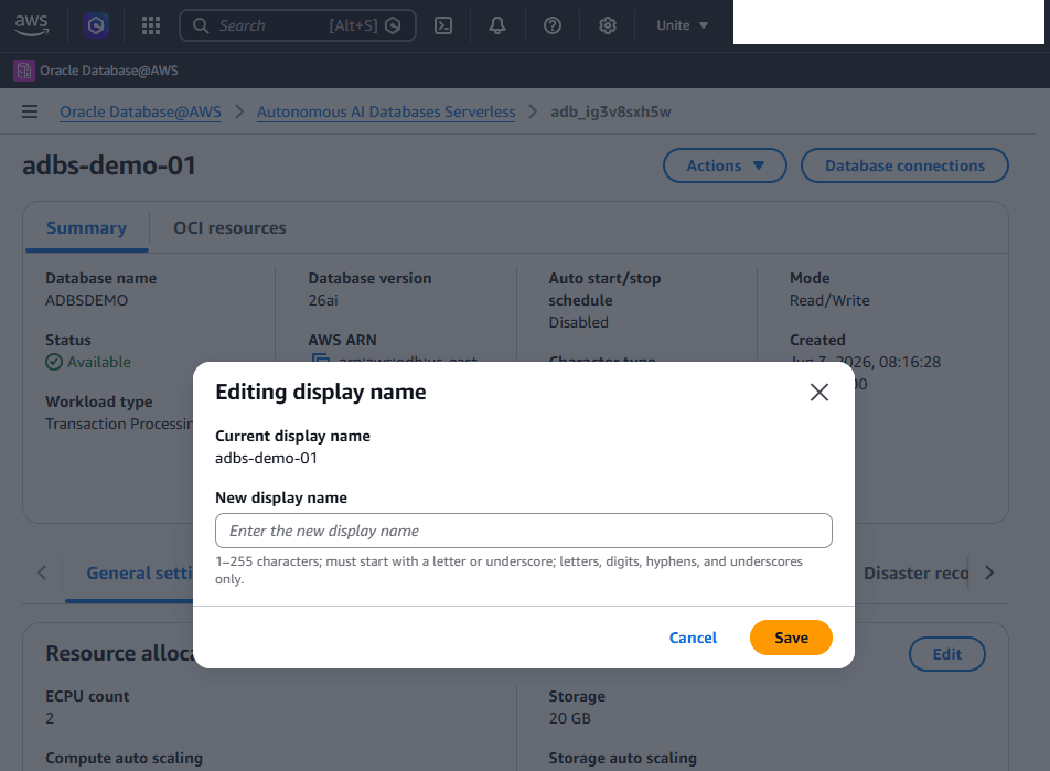 This screenshot shows how to modify an Autonomous AI Database Serverless.