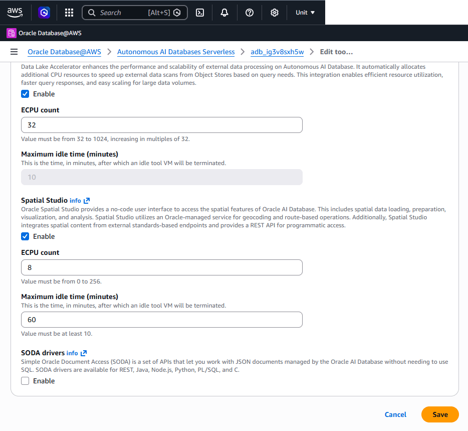 This screenshot shows how to modify an Autonomous AI Database Serverless.