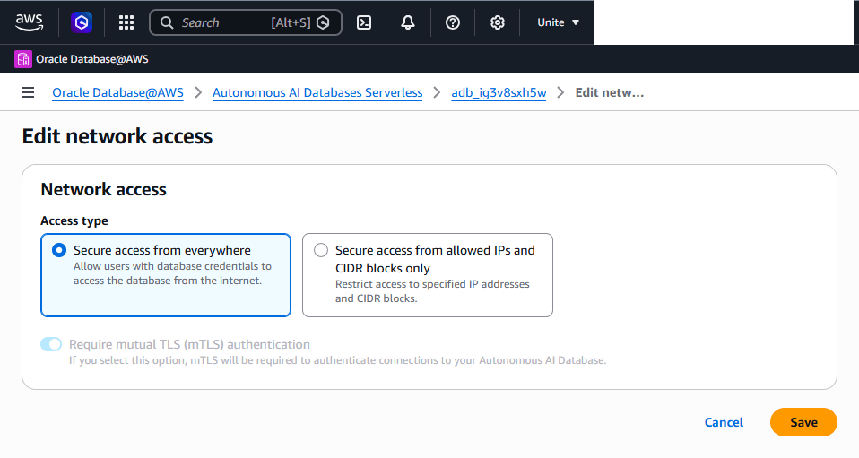 This screenshot shows how to modify an Autonomous AI Database Serverless.