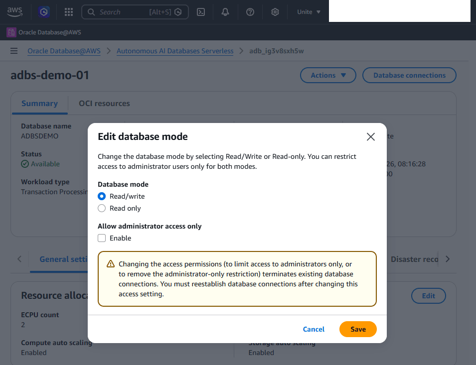 This screenshot shows how to modify an Autonomous AI Database Serverless.