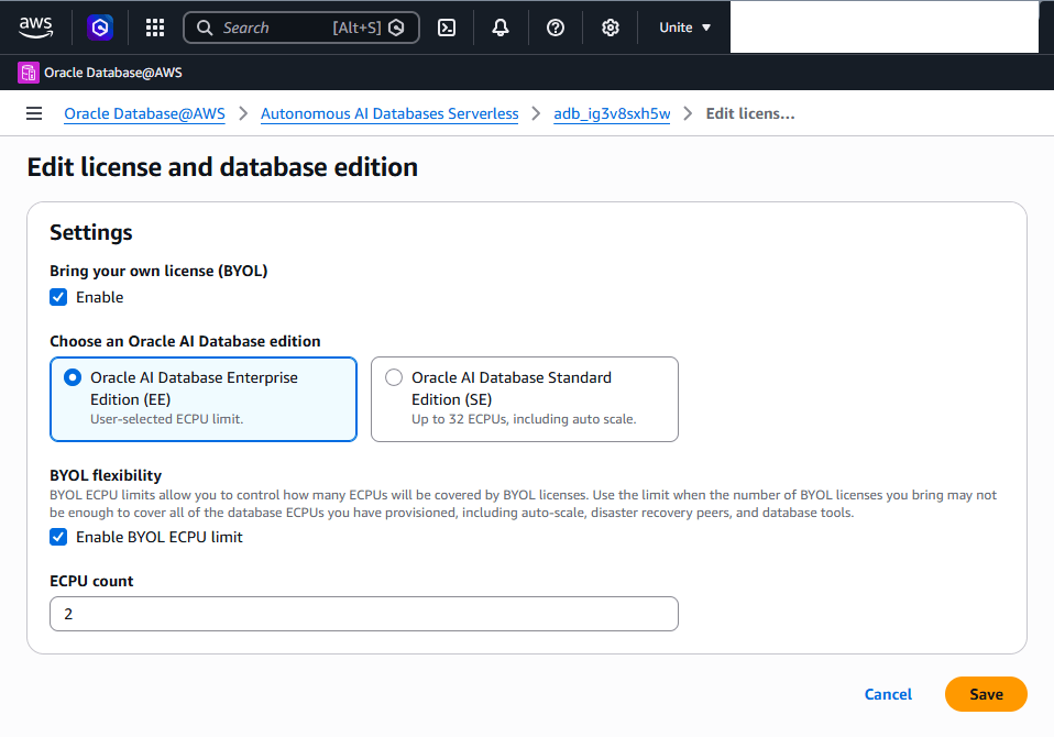 This screenshot shows how to modify an Autonomous AI Database Serverless.