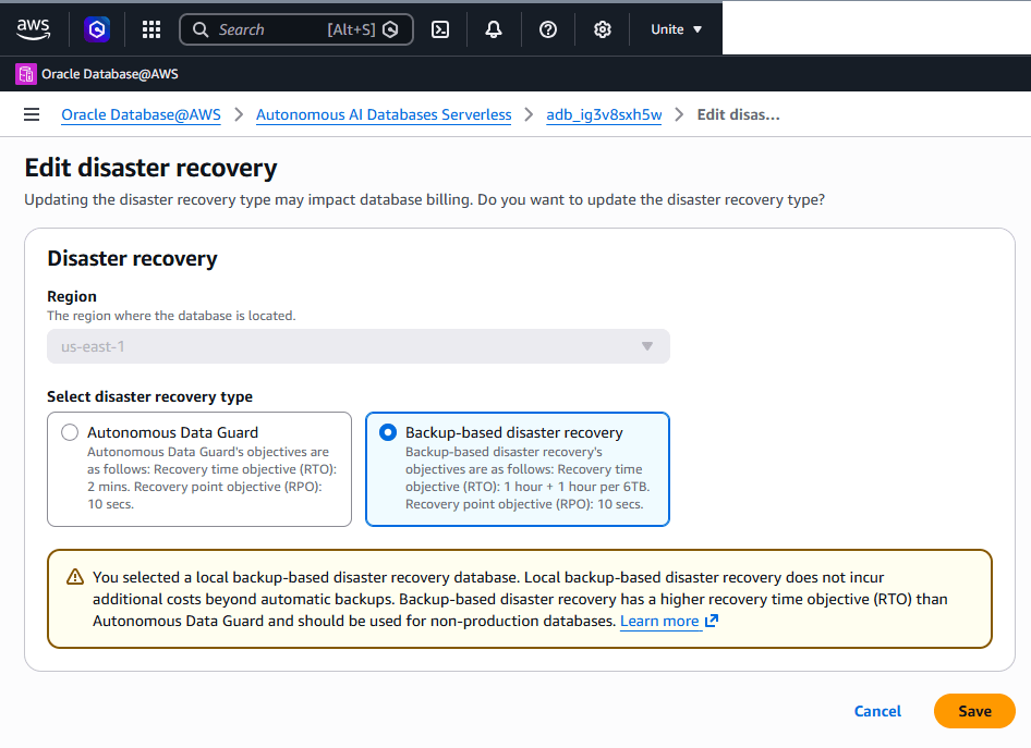 This screenshot shows how to modify an Autonomous AI Database Serverless.
