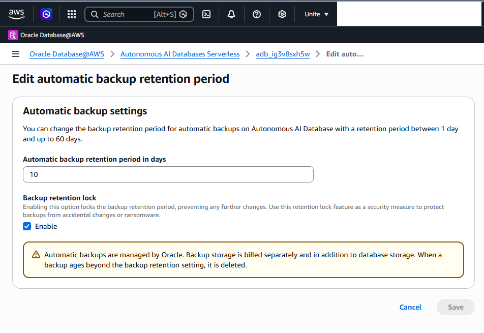 This screenshot shows how to modify an Autonomous AI Database Serverless.