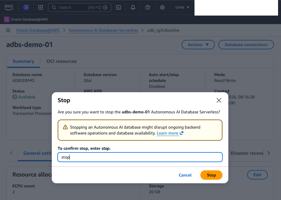 This screenshot shows how to stop an Autonomous AI Database Serverless.