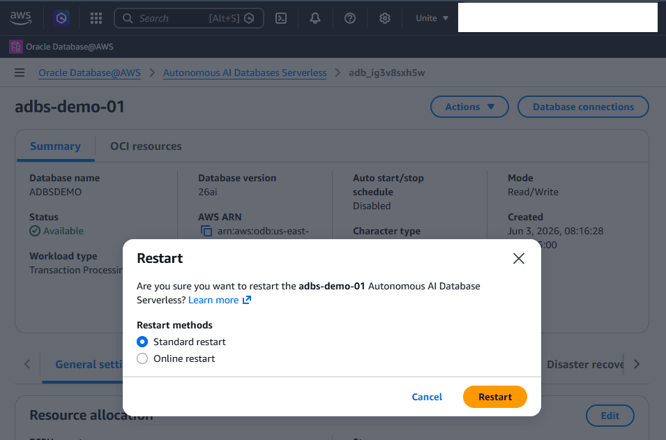This screenshot shows how to stop an Autonomous AI Database Serverless.