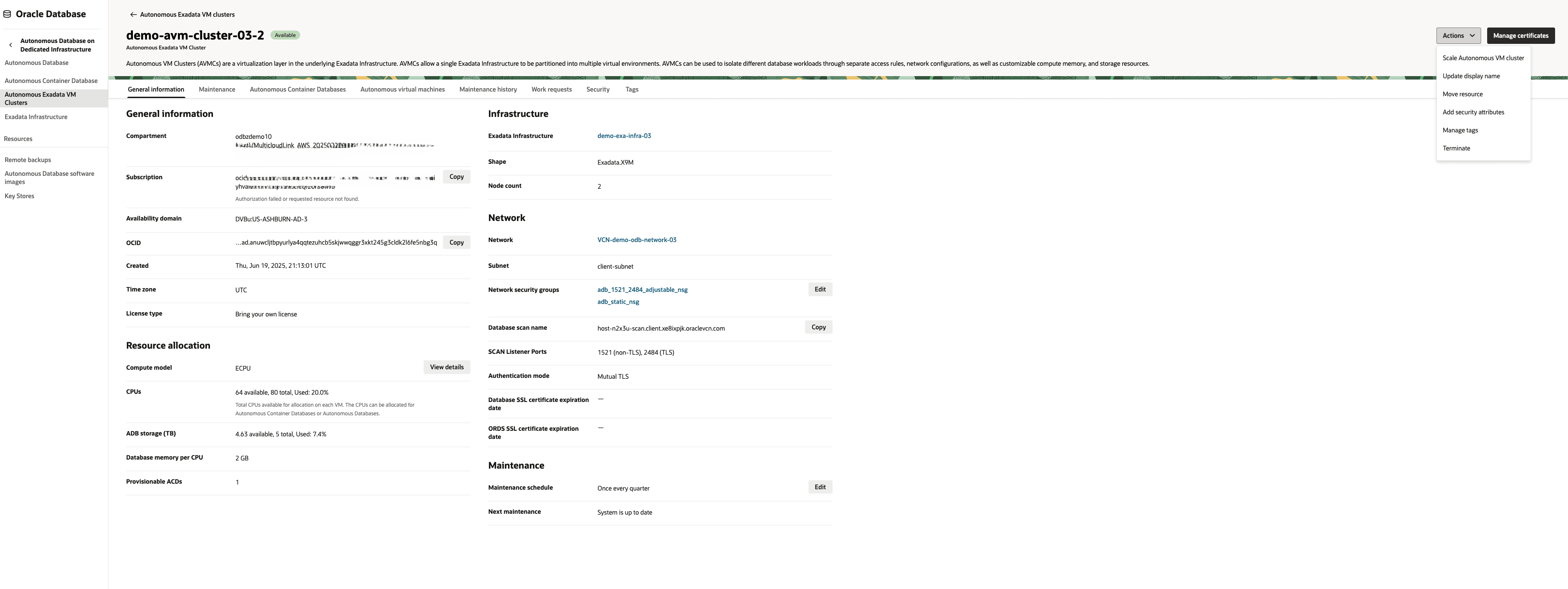 This screenshot shows the steps for scaling an Autonomous VM Cluster.
