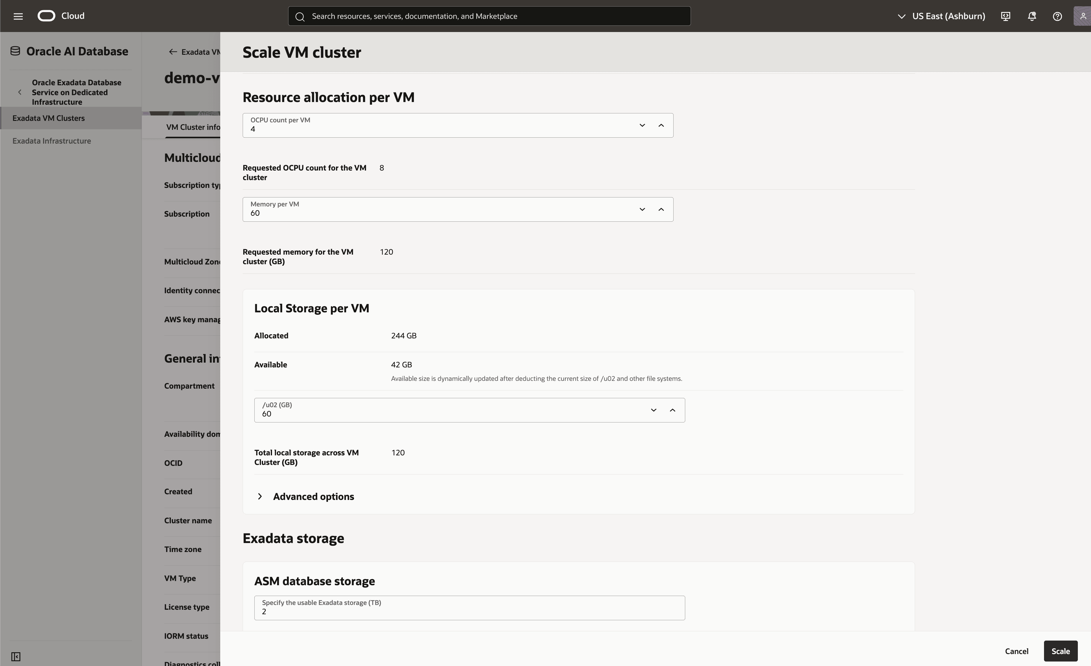 This screenshot shows how to scale an Exadata VM Cluster. This screenshot shows how to scale an Exadata VM Cluster.
