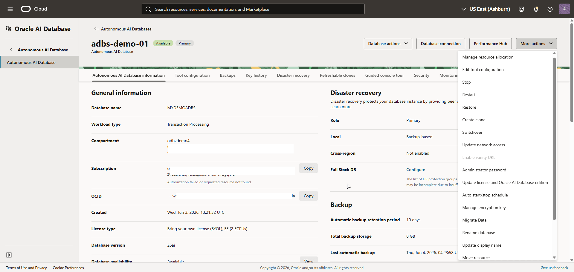 This screenshot shows how to modify an Autonomous AI Database Serverless.
