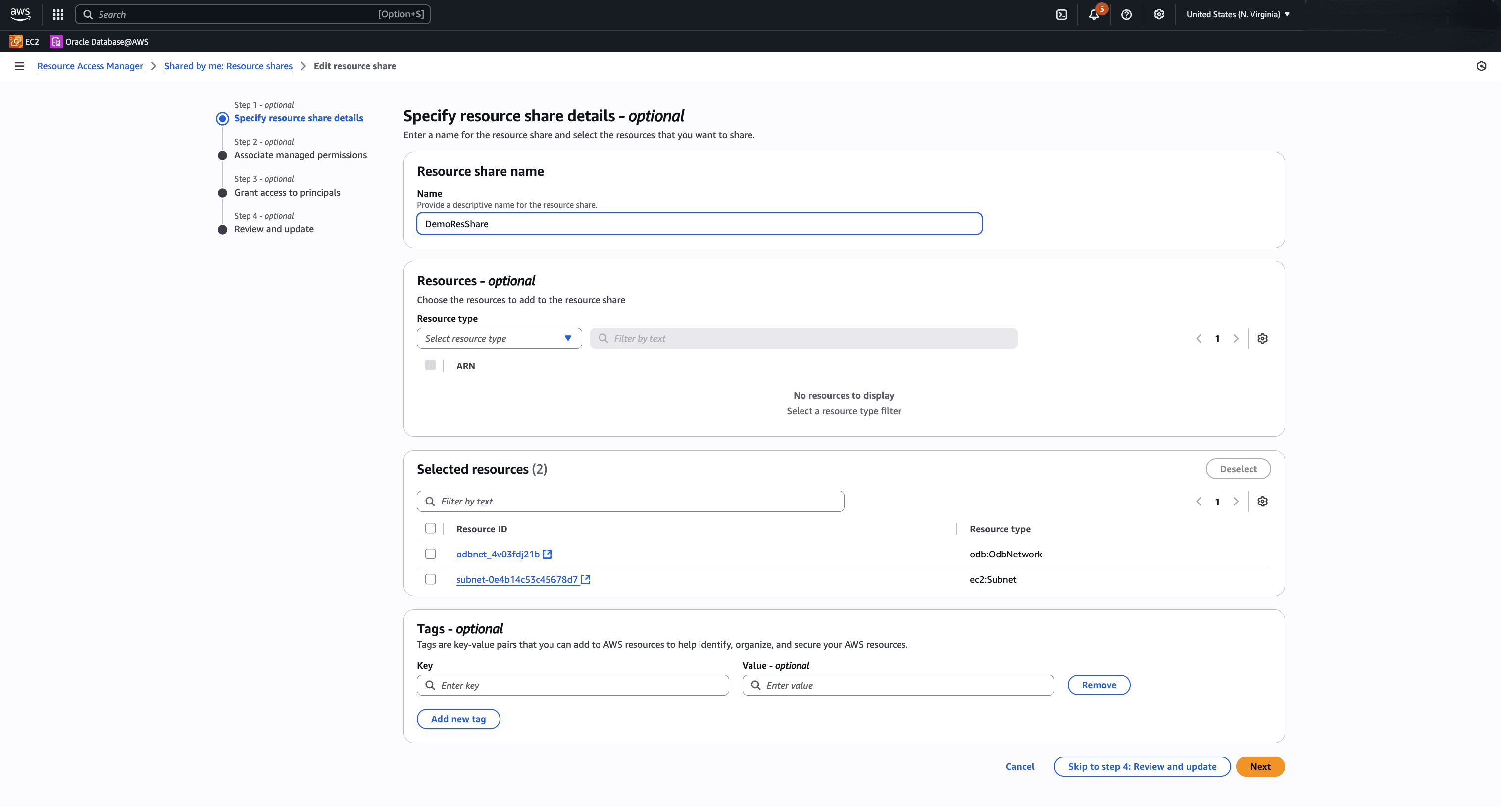 This screenshot shows how to modify resource sharing.