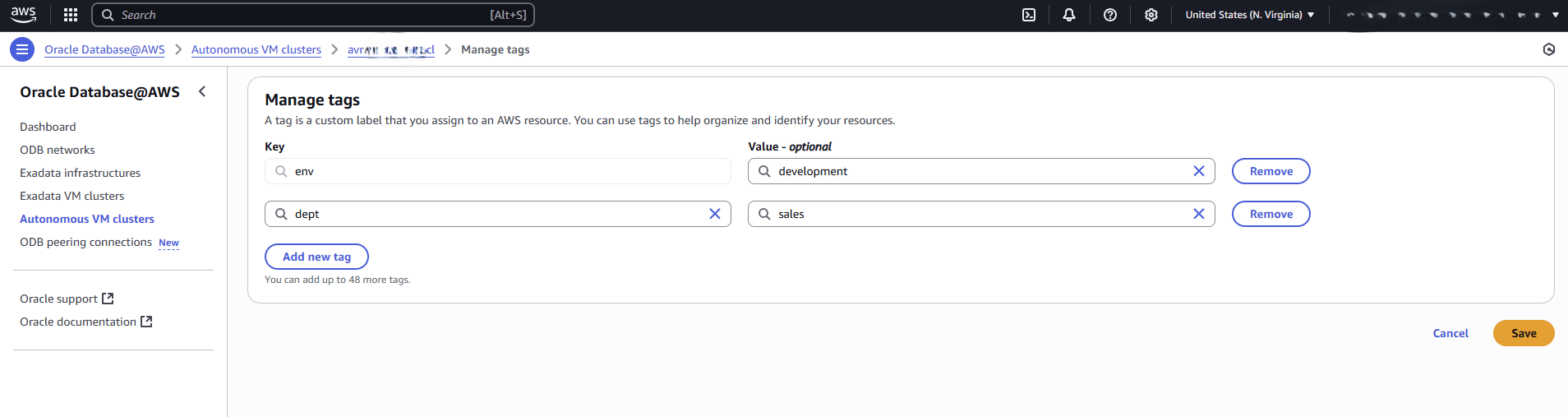 This screenshot shows the last part of managing tags in ODB Peering Connections.
