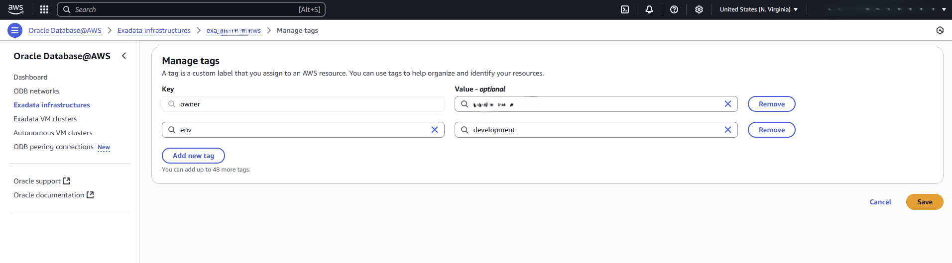 This screenshot shows the last part of managing tags in Exadata Infrastructure.