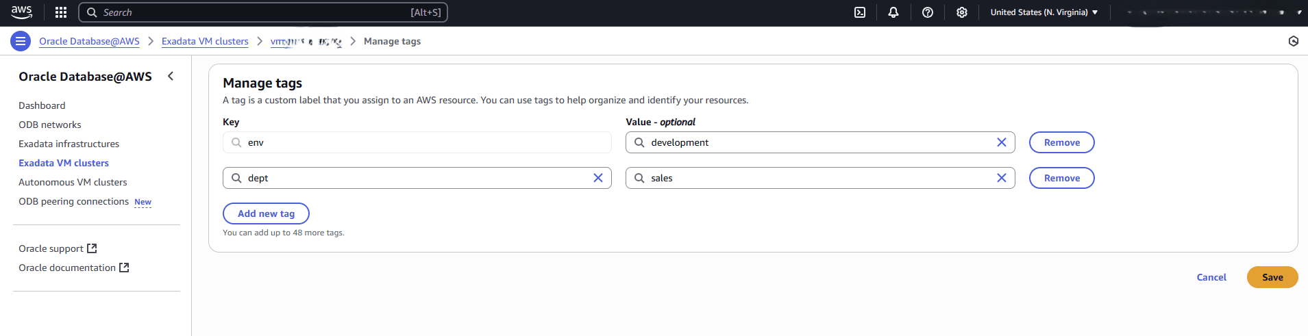 This screenshot shows the last part of managing tags in Exadata VM Cluster.