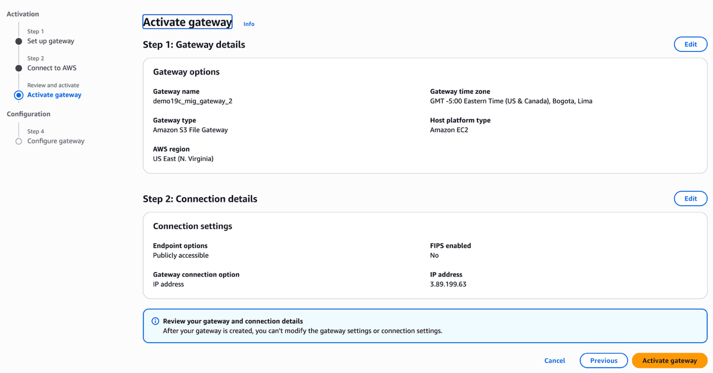 This screenshot shows how to create a storage gateway.