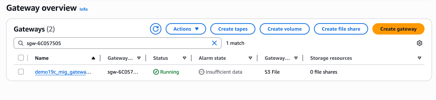 This screenshot shows how to create a storage gateway.