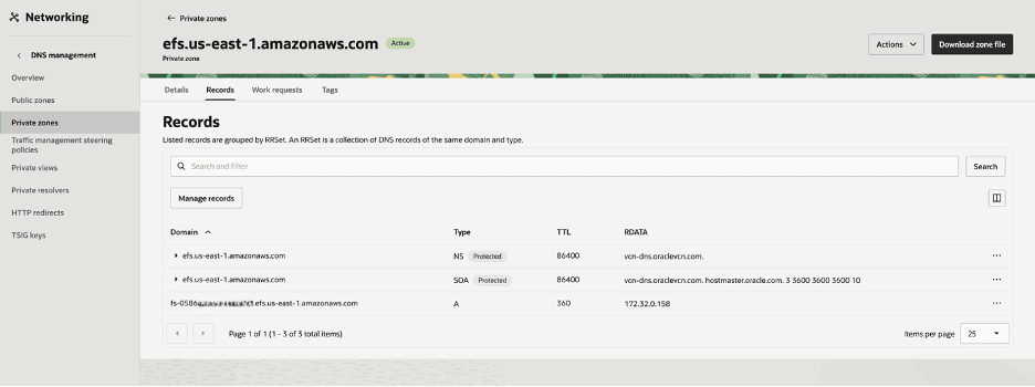 This screenshot shows how to create a record in private zones.