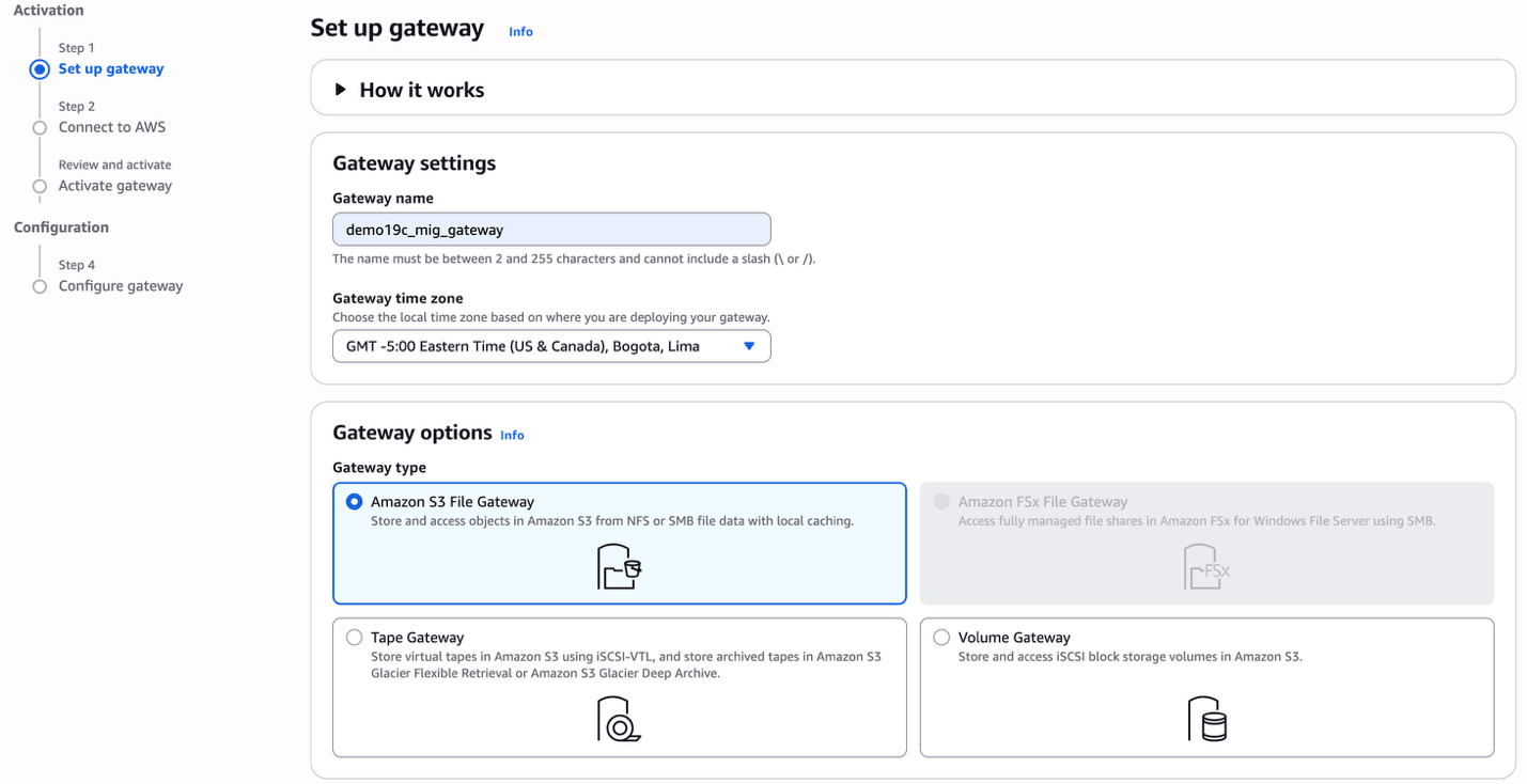 This screenshot shows how to create a storage gateway.