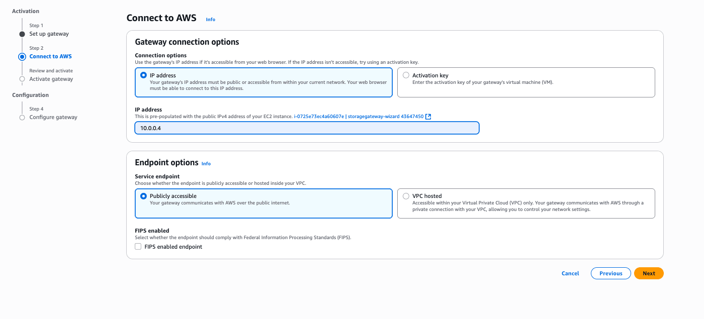 This screenshot shows how to create a storage gateway.