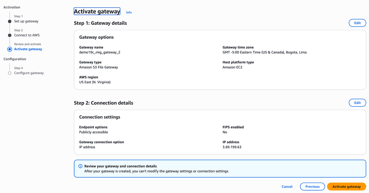 This screenshot shows how to create a storage gateway.