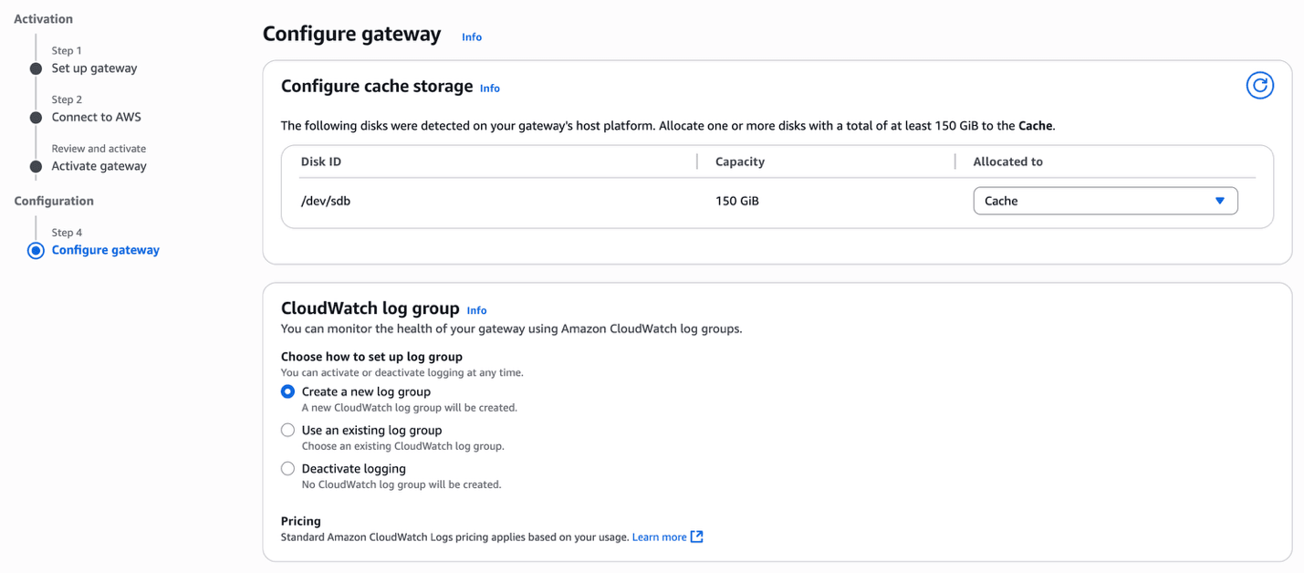 This screenshot shows how to create a storage gateway.