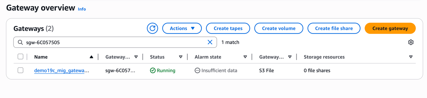 This screenshot shows how to create a storage gateway.